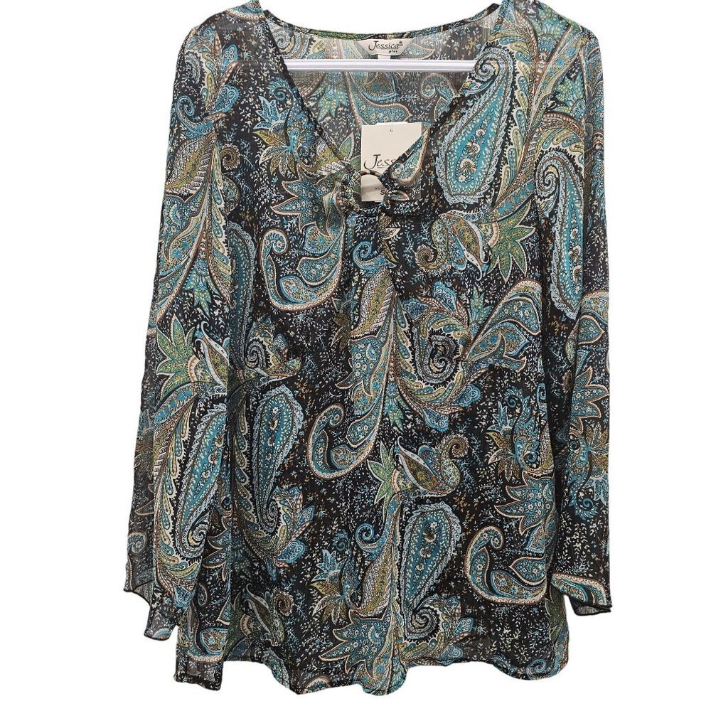 Jessica Women Plus Paisley Print Motif Polyester Sheer Long Sleeve Boho Blouse i